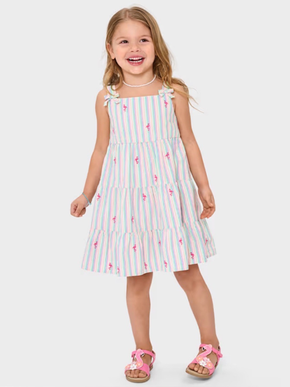 Gymboree Seaside Palms Embroidered Flamingo Seersucker Tiered Dress, Size 10